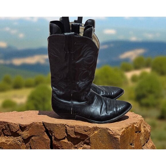 Vtg Larry Mahan Black Leather Cowboy Boots SIze 11 B, made in Texas main image 7